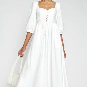 Reformation White Midi Dress with Puff Sleeves